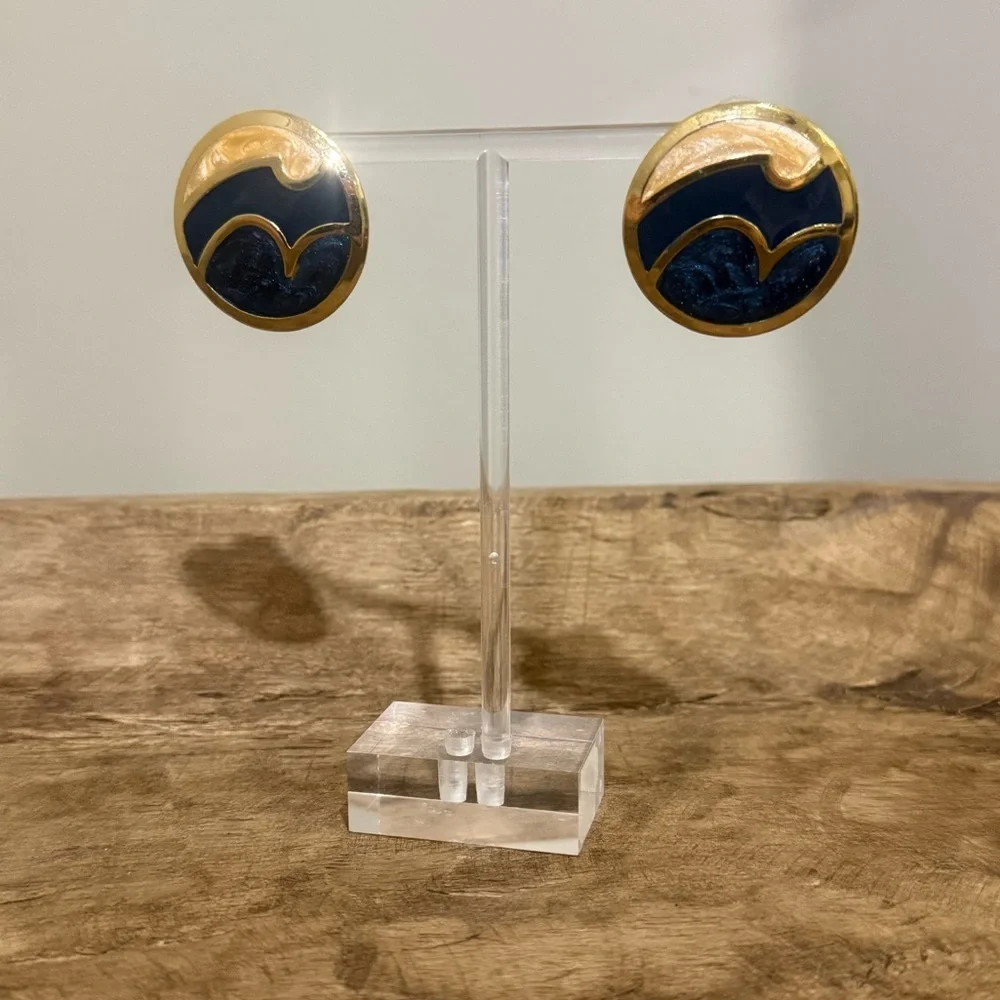 Vintage Large Enamel Circle Earrings - Blue and Champagne Color